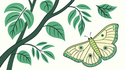 Fototapeta premium Delicate Green Butterfly on Leafy Branch in a Vibrant Natural Setting