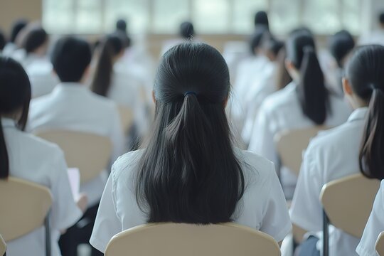 Several Asian university students taking an exam in a classroom, wearing white uniforms, with no visible faces, and a blurred background showing people sitting on chairs