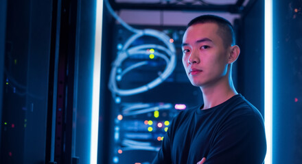 Serious young Asian IT technician in a server room. Portrait of a focused Chinese engineer with a buzz cut in a data center.