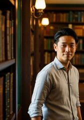 Obraz premium Portrait of a young Asian man in a classic library. Handsome Japanese student or professional in a room with bookshelves.