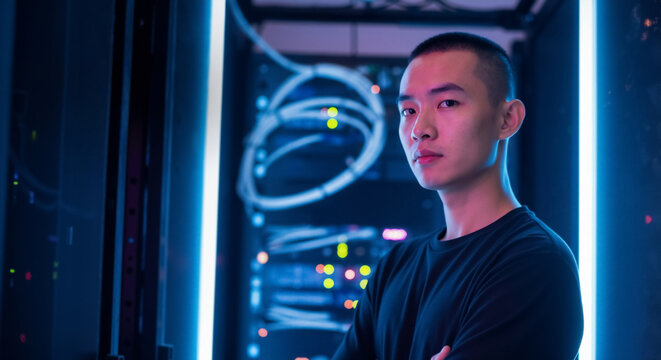 Serious young Asian IT technician in a server room. Portrait of a focused Chinese engineer with a buzz cut in a data center.