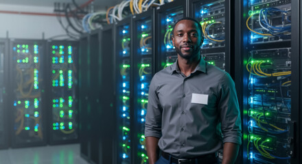 Portrait of a black IT professional in a server room. Confident African American engineer standing in a data center. Copy space for text.