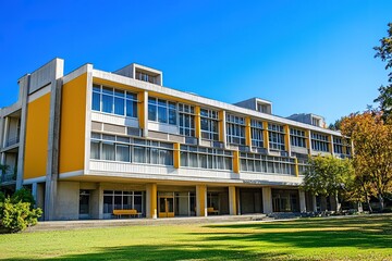 Stylish modern school building in Prague, with a yellow and white color scheme. Wide shot showing the entire facade of a two-story, three-story-tall rectangular block-style grey exterior paneling
