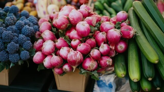 Fresh Organic Broccolini Blueberries and Red Radishes in a Vibrant Arrangement Healthy Produce Display Ready for Cooking
