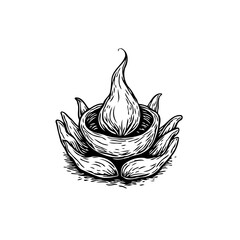 Symbolic illustration of divine energy radiating from a vessel held by hand shaped petals offering spiritual light