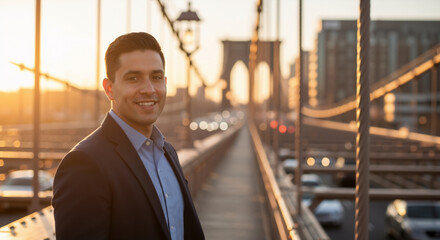 Smiling businessman on the Brooklyn Bridge at sunset. Happy handsome man in a suit with a classic New York City background.