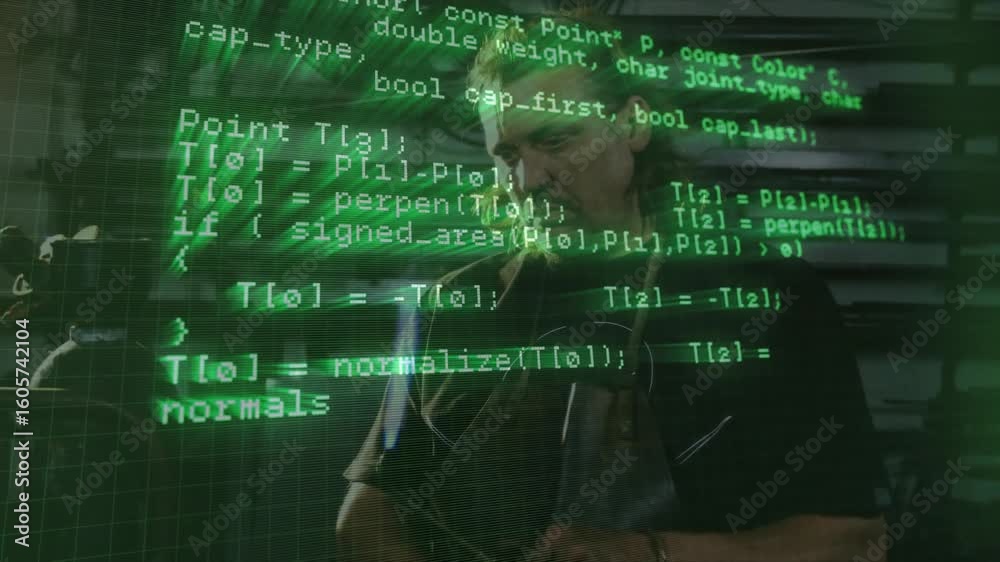 Poster green code overlay appearing on man standing in workshop while software algorithms scrolling