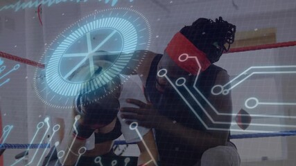 Upon HUD appearance, coach supporting boxer catching breath on stool, with spinning fitness overlay