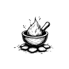 A captivating black and white illustration showcasing a mortar with flames emanating from within symbolizing transformation