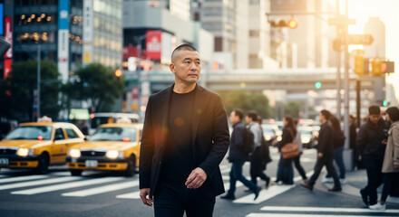 Middle-aged Asian man in a black jacket walking across a busy city street in Japan. Serious expression of a Japanese man in an urban environment.