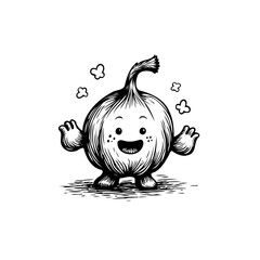 Cute garlic character illustration in black and white with happy smiling face and open arms illustration
