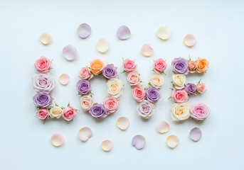 Word "LOVE" formed from colorful roses, surrounded by rose petals
