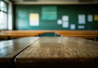 Wooden tabletop with a blurred background of a school classroom interior, high-definition, photorealistic image.