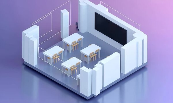 Isometric illustration video of modern classroom interior with desks chairs and large digital display on colorful gradient background