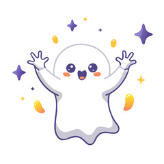 Vector art of a cute cartoon ghost surrounded by stars isolated on white background