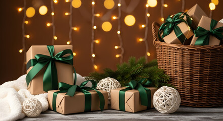 Wrapped gifts in a basket, festive decor
