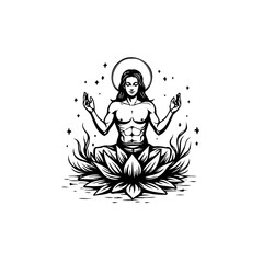 Illustration depicting spiritual enlightenment through meditation a person in lotus position among stars and nature elements design