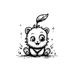 Adorable cartoon creature with a leaf on its head: a playful black and white illustration