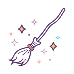 Vector art of a magical purple witchs broom is surrounded by twinkling stars isolated on white background