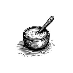 Sketch of bowl with thick substance and spoon creates artistic design element illustration