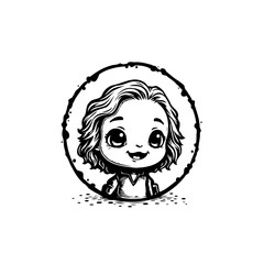 Charming monochrome little girl illustration displaying youthful innocence and happiness within a grunge circle frame evoking positive emotions