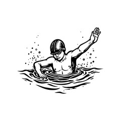 Bold artistic rendering of a swimmer in water showcasing strength and determination in monochrome style artwork