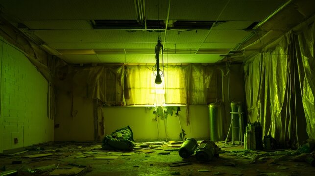 Abandoned room with damaged walls and ceiling, dim green lighting.