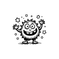 Fototapeta premium Cheerful cute monster with fluffy fur and friendly smile surrounded by stars radiating positivity and joy