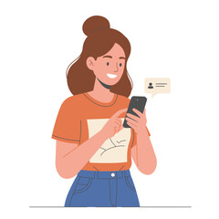 Smiling young woman using a smartphone, interacting with a message.