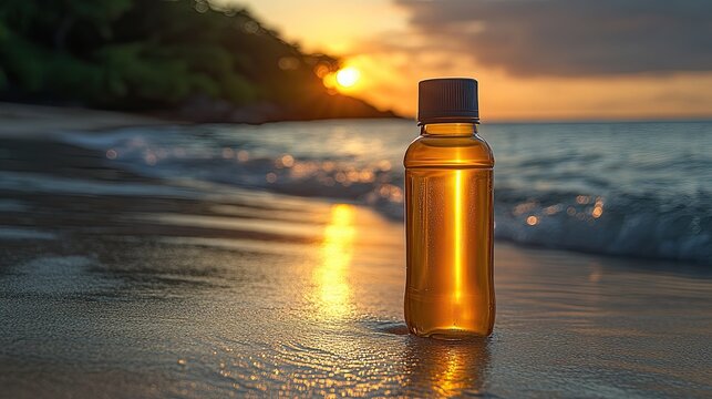 Golden elixir bottle casting sunlit reflections on the beach at sunset scene