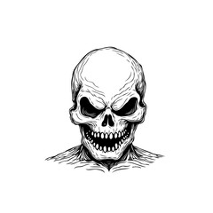 A detailed black and white illustration of a skull with menacing eyes and teeth showing