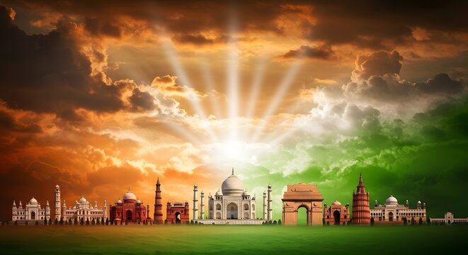 India Independence Day August 15th Iconic Indian landmarks and monuments montage against a dramatic sky with the colors of the national flag, representing India's heritage.