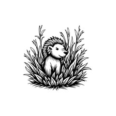 Illustration of a cute hedgehog nestled among tall grass and foliage in monochrome art showcasing wildlife charm