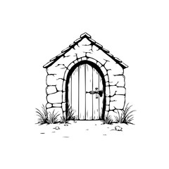 Fototapeta premium Hand drawn illustration of a stone shed or small building with a wooden door artwork graphic