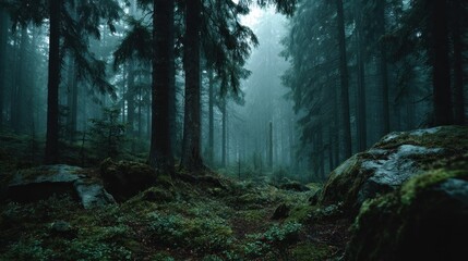 Obraz premium Mysterious Forest Scene with Dense Trees, Fog, and Greenery in a Natural Setting