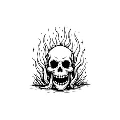 Detailed skull illustration with flames black and white artwork showcasing death concept and mortality representation featuring grunge