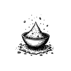 Hand drawn illustration of a bowl with overflowed powder or ingredient showcasing a rustic food style