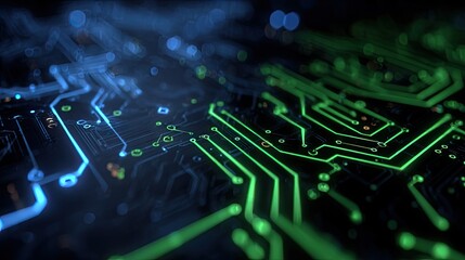 Close-up view of glowing circuit board pathways.