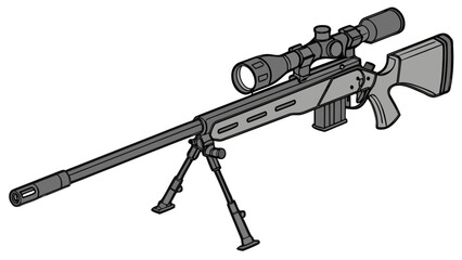 Illustration of a sniper rifle with a scope and bipod in a detailed cartoon style drawing design