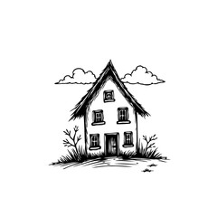Whimsical abode illustration: A black and white hand drawn house with a thatched roof and clouds serene scene