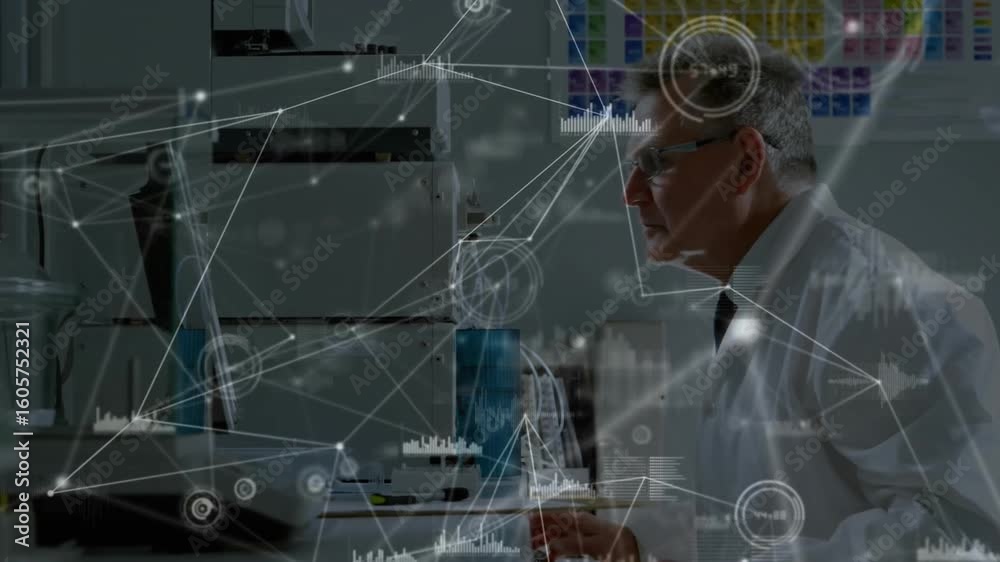 Poster senior scientist in laboratory inserting tube into device initiating overlay analyzing sample data
