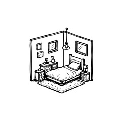 Isometric bedroom illustration showcasing furniture items in black and white art style drawing interior space decoration comfort