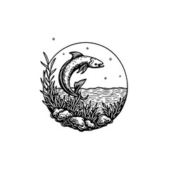 Captivating monochrome illustration showcasing a leaping fish amidst aquatic flora within a circular border artistic design