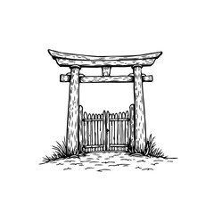 Ink sketch of a Japanese Torii gate with a small fence entrance artfully hand drawn minimalist design