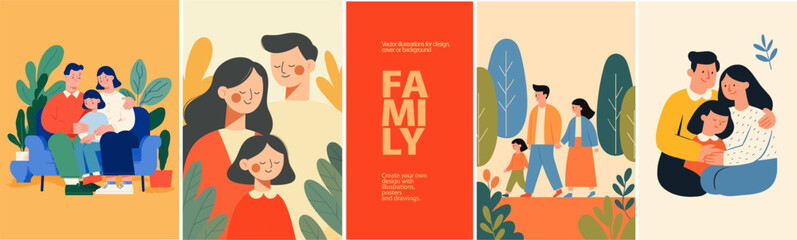 Happy family vector illustrations featuring parents and children bonding, hugging, and walking together. Perfect for parenting, love, childcare, and family lifestyle design concepts.