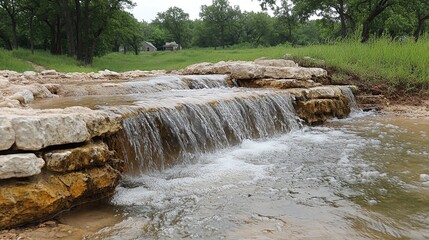 Scenic waterfall cascading over rocky ledges in a lush green landscape peaceful stream