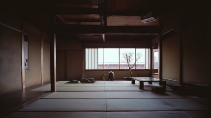Traditional Japanese room with tatami mat flooring and wooden beams.