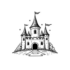Majestic castle illustration, enchanting fairytale palace with towers, flags, and sparkling stars in black and white