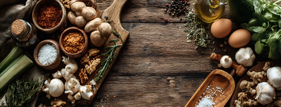 Organic vegetarian ingredients and kitchen tools. Healthy, clean food and eating concept. Top view. Copy space. Ingredients for cooking on wooden table. Vegan diet concept with copyspace. Zero waste