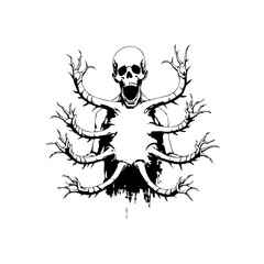 The haunting embrace of thorns and bone a surreal skeleton figure with reaching branches creating an eerie yet captivating design